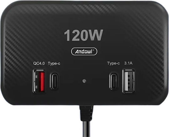 Andowl Qca40 Car Charger 120W with Ports: 2xUSB 2xType-C