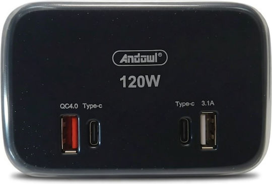 Andowl Qca40 Car Charger 120W with Ports: 2xUSB 2xType-C