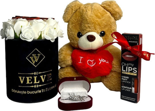 Special Valentine Package 25 Cm Teddy Bear Arrangement 9 Soap Roses Brooch Cosmetics Set In A Gift Box