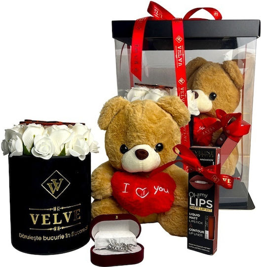 Special Valentine Package 25 Cm Teddy Bear Arrangement 9 Soap Roses Brooch Cosmetics Set In A Gift Box