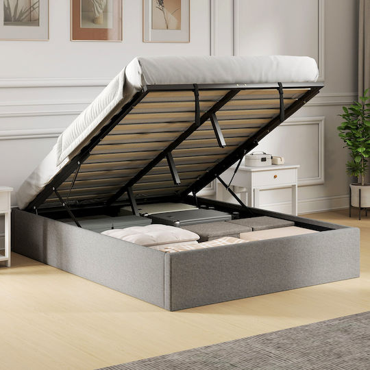 Double Upholstered Bed with Gray Fabric with Storage Space & Slats for 140x190cm Mattress