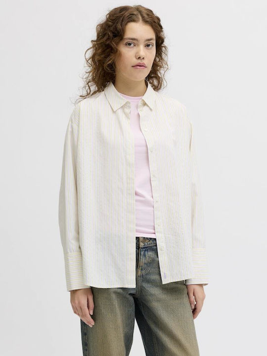 Μακρυμάνικο Γυναικείο Πουκάμισο White/LimeStripes Ριγέ