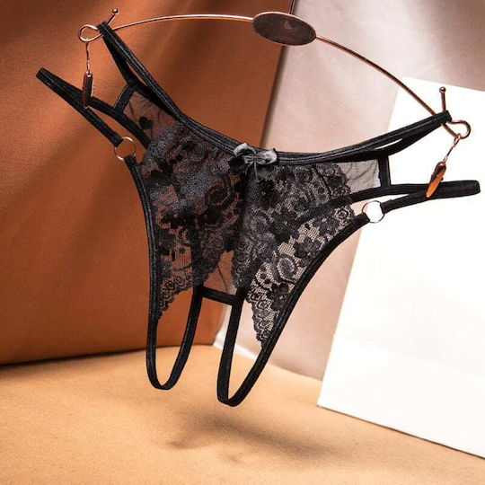 Women Sexy Open Lace Thong Black