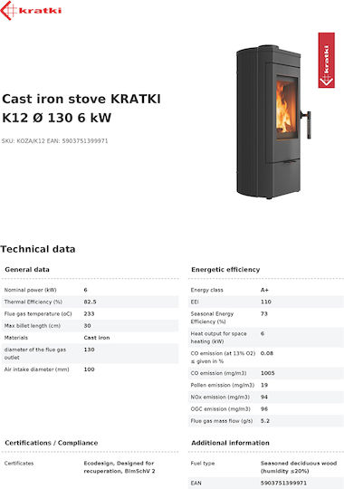 Kratki Ecodesign Чугун Печка на дърва 6кВт