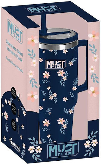 Must Team Ποτήρι Θερμός Ανοξείδωτο 900ml Floral με Καλαμάκι