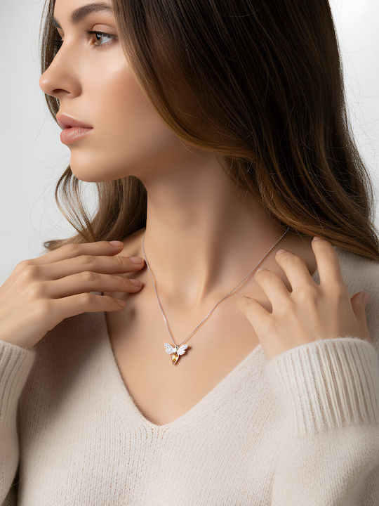 Chrysothemiss Women's Necklace Blush Wings Rhodium Plated Champagne Crystal & Zircon Feathers