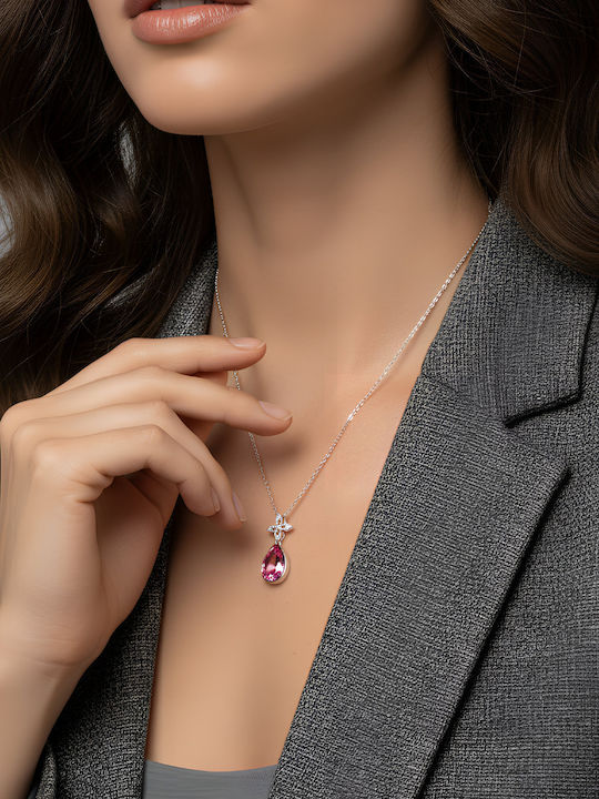 Chrysothemiss Damen Halskette Roselle Drop Vergoldeter Kreuz & Rosa Kristall Tropfenform
