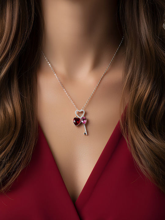 Chrysothemiss Women's Necklace Key To My Heart Rhodium Plated Red & Pink Crystals