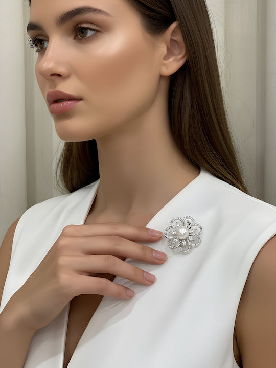 Chrysothemiss Women's Pin Pearl Radiance Flower Pearl & Zircon Platinum Coating