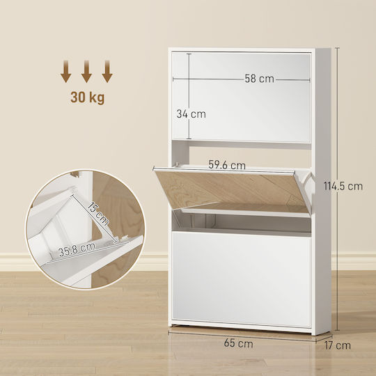White Wooden Shoe Cabinet with Tilting Shelves L65xD17xH114.5cm