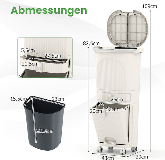 Costway Plastic Recycling Bin with Pedal 42L Beige