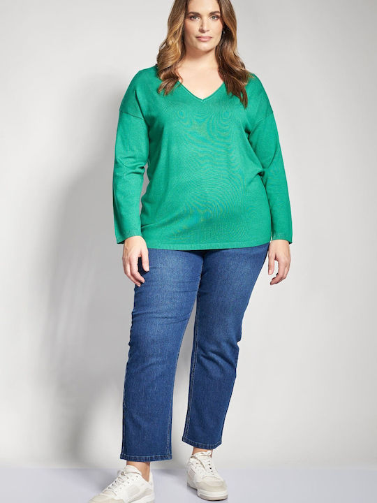 Bluza Damă Mânecă Lungă Pulover cu Decolteu în V Verde