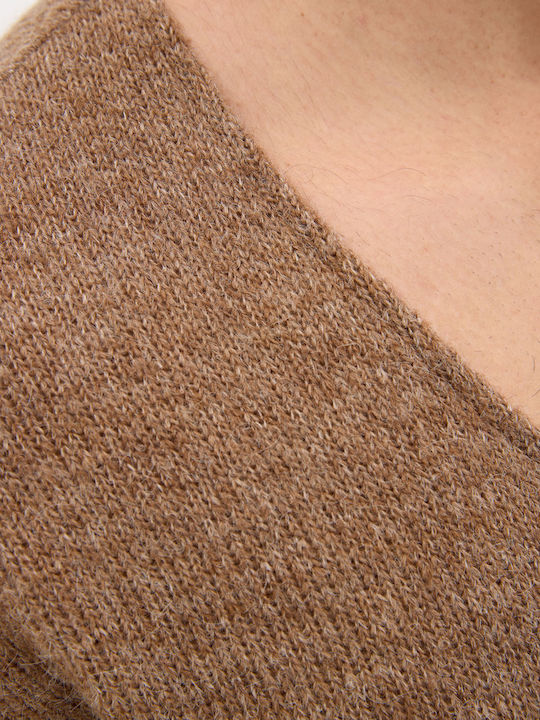 Women's Long Sleeve Sweater with V Neckline Beige
