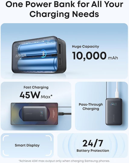 Anker Nano Power Bank 10000mAh 45W με Θύρα USB-A και Θύρα USB-C Power Delivery Μαύρο