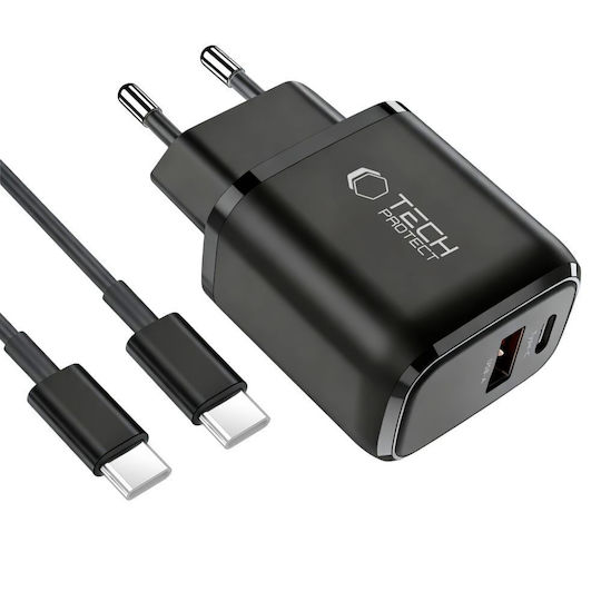 Tech-Protect Charger GaN with USB-A Port and USB-C Port and Cable USB-C - USB-C 45W Power Delivery / Quick Charge 3.0 Blacks (NCA45W)