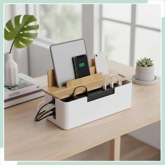 Relaxdays Bamboo Cable Management Box with Base for Tablets / Phones 16 x 30 x 13 cm - White / Light Brown