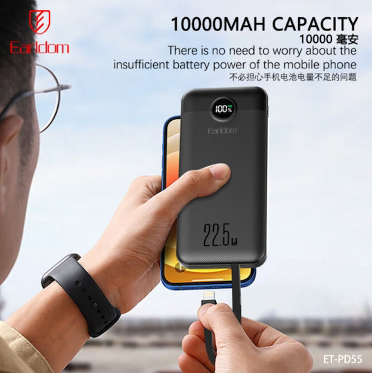 Earldom Pd55 Power Bank 10000mAh 22,5W Schnelles Aufladen 4in1 Kabel Type-c & Lightning