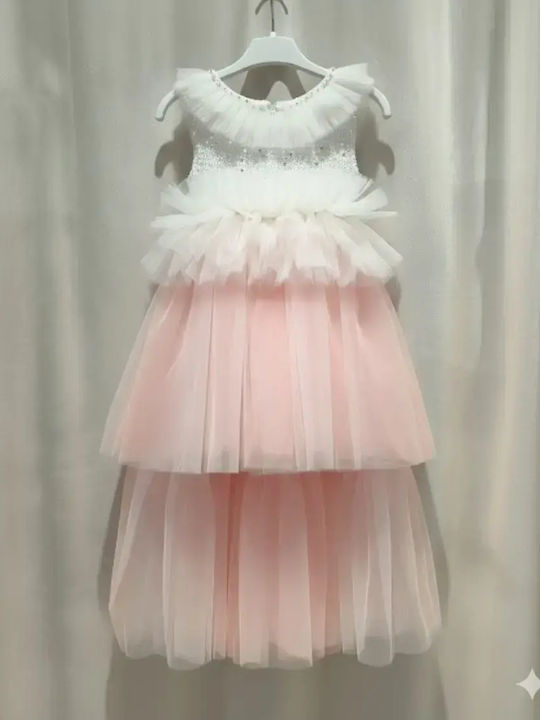 Girls Sleeveless Tulle Dress For Flower Girls Set with Accessories Pink & White