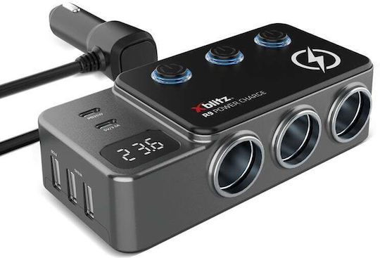 Xblitz Φορτιστής Αυτοκινήτου 35W με Θύρες: 3xUSB-A 2xType-C 3xΑναπτήρα Μαύρο Χρώμα