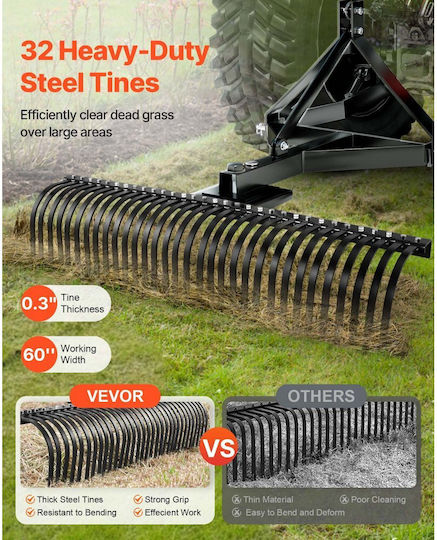 Rear Towing Brush Cutter Machine Vevor Brush Cutter Machine Towing 1525 Mm 32 Steel Teeth Brush Cutter Rake Lawn 3 Point Tractor Parts Landscape Rake Garden Farm Grass