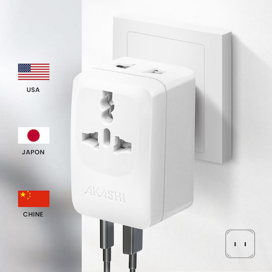 Akashi Travel Adapter Usa Japan China Usb Usb C 15w White