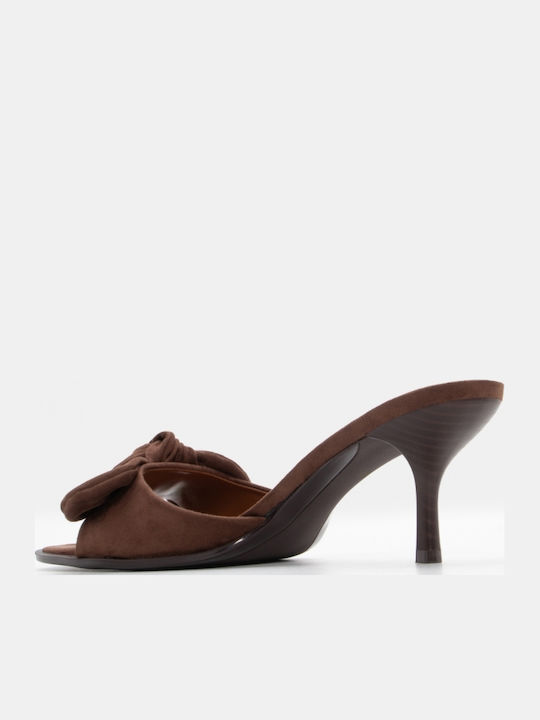 Suede Women's Mules with Thin Low Heel in Brown Color