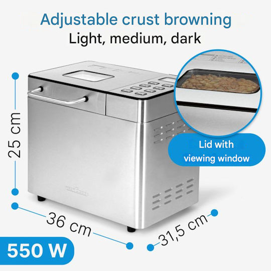 Profi Cook Mașină de pâine cu o putere de 550W și o capacitate de 1500gr cu 13 programe