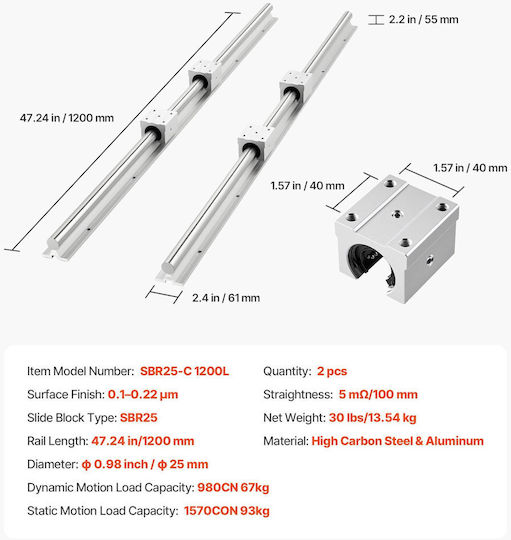 Vevor Sbr25 Linear Rail Set 2 Pieces 1200 Mm 47.24 Inch Linear Motion Guides 4 Pieces Sliders Bearings Fully Supported Shaft Cutting Grinding Milling Drilling Machines Accessories