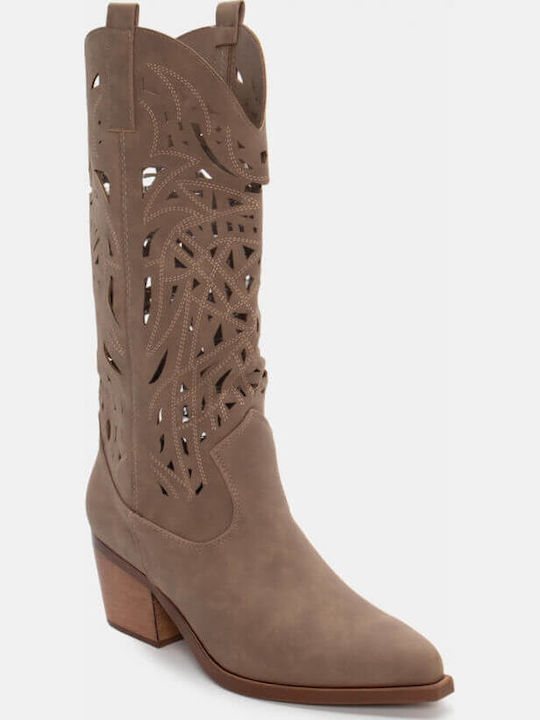 Synthetic Leather Medium Heel Cowboy Boots with Zipper Beige