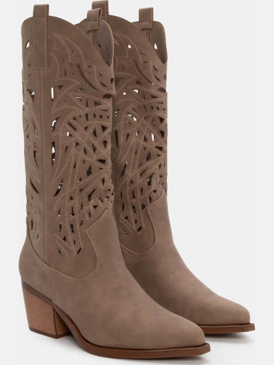 Synthetic Leather Medium Heel Cowboy Boots with Zipper Beige