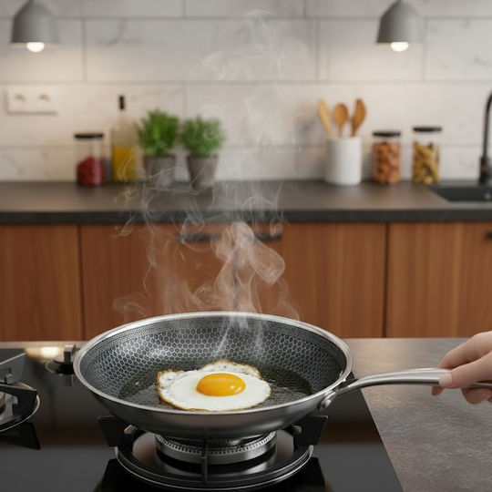 Cheffinger 24cm Frying Pan Honeycomb Coating Long Handle Silver