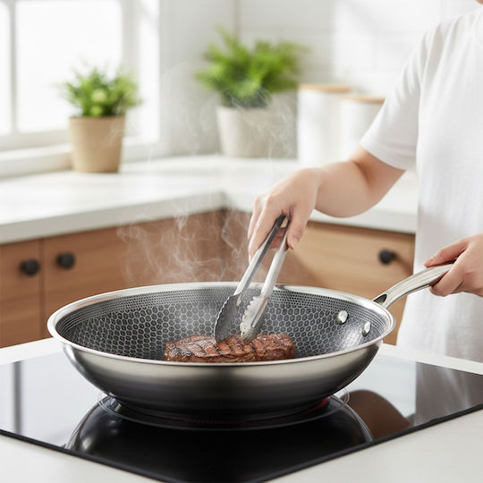 Cheffinger 32cm Wok Honeycomb Coating Long Handle Silver