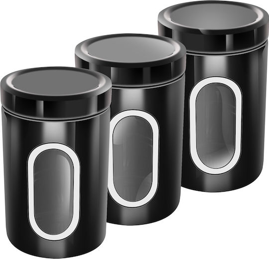 Cheffinger Set 3 Stackable Boxes Coffee Sugar Transparent Window Airtight Black