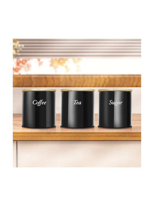 Cheffinger Set 3 Stainless Steel Boxes Bamboo Lid Coffee Sugar Tea Black Brown