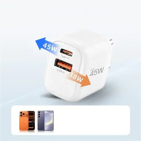 Tech-Protect Ladegerät GaN mit USB-A Anschluss und USB-C Anschluss und Kabel USB-C - Lightning 45W Stromlieferung / Schnellaufladung 3.0 Weißs (NCA45W)