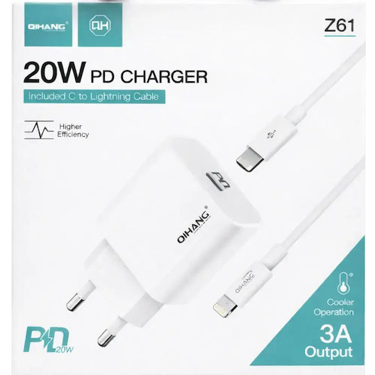 QIHANG Mobile Phone Charger With USB-C Port And USB-C - Lightning Cable 20W Power Delivery White (QH-Z61)