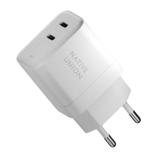 Native Union Зарядно Устройство Без Кабел GaN с 2 USB-C Изходни Порта 35W Power Delivery Бял (Fast GaN)