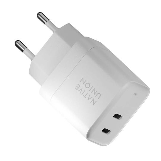 Native Union Зарядно Устройство Без Кабел GaN с 2 USB-C Изходни Порта 35W Power Delivery Бял (Fast GaN)