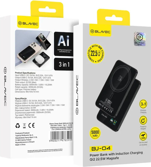 Blavec BJ-04 Ultra Slim MagSafe Power Bank 5000mAh 22.5W Black