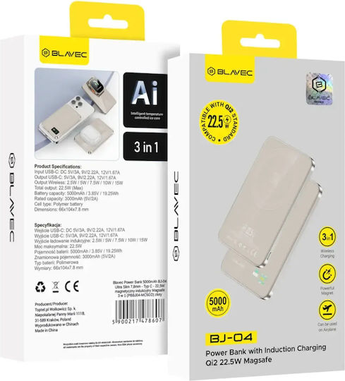 Blavec BJ-04 Ultra Slim MagSafe Power Bank 5000mAh 22.5W Gold