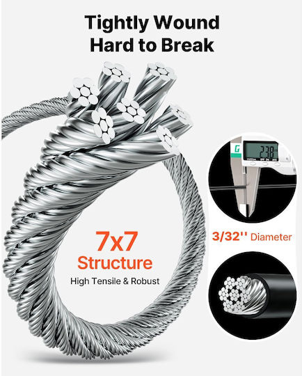 Vevor Wire Rope Kit 2.38 Mm Length 50.3 M Stainless Steel 304 Cable Breaking Strength 2 Kn Construction 7 X 7 Strand Steel Cable Deck Railing System Pergola Garden Lighting Series