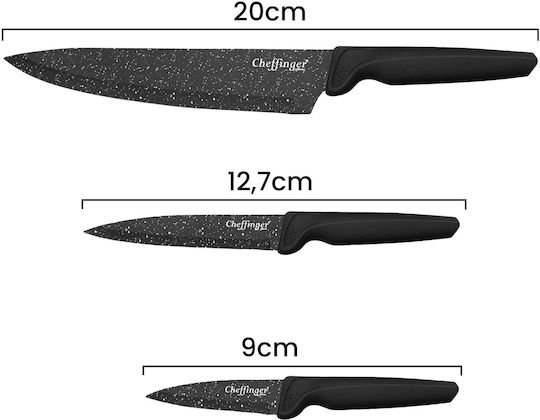 Cheffinger Set 4 Chef Kitchen Knives Marble Coating Sharpener Black
