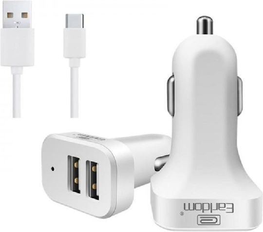 Earldom ES-131 Auto-Ladegerät 2.4A mit Anschlüssen: 2xUSB mit Kabel Typ-C,TC-TC Weiß Farbe
