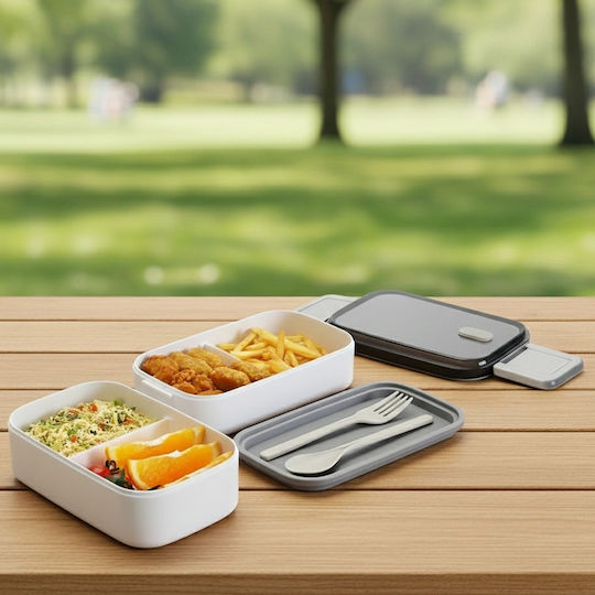 Cheffinger 2-tier Double Compartment Food Container Airtight Lid White Gray