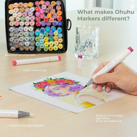 Ohuhu Honolulu B Brush & Chisel 104 Drawing Markers Basic Colours