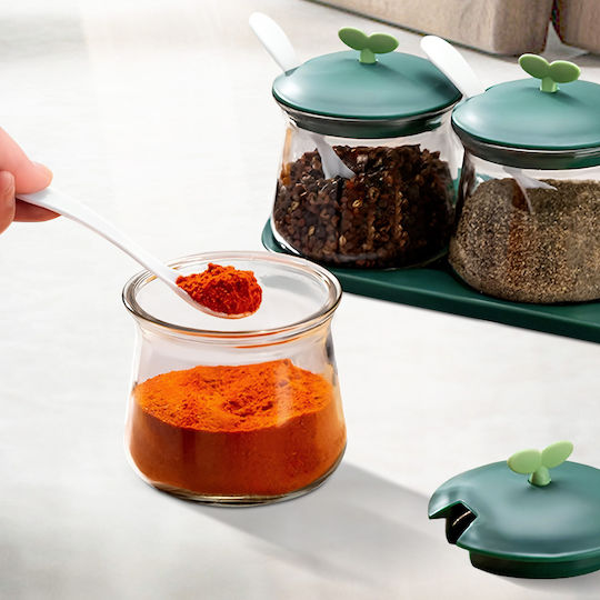 Cheffinger 3-piece Glass Spice Jars Set Lids Plastic Stand Green Cheffinger 3-piece Glass Spice Jars Set Lids Plastic Stand Green