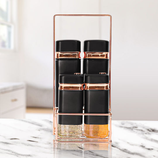 Cheffinger Set 4 Condiment Jars Solid Elegant Metal Stand Black Cheffinger Set 4 Condiment Jars Solid Elegant Metal Stand Black