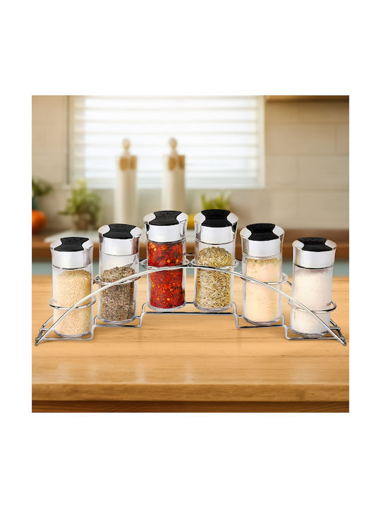 Cheffinger Set 6 Jars 90ml Stainless Steel Holder Storage Spices Black Silver Cheffinger Set 6 Jars 90ml Stainless Steel Holder Storage Spices Black Silver