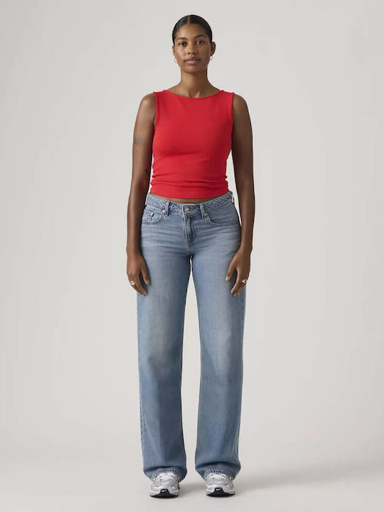 Low Waist Women's Jean Trousers in Loose Fit Medium Wash Blue