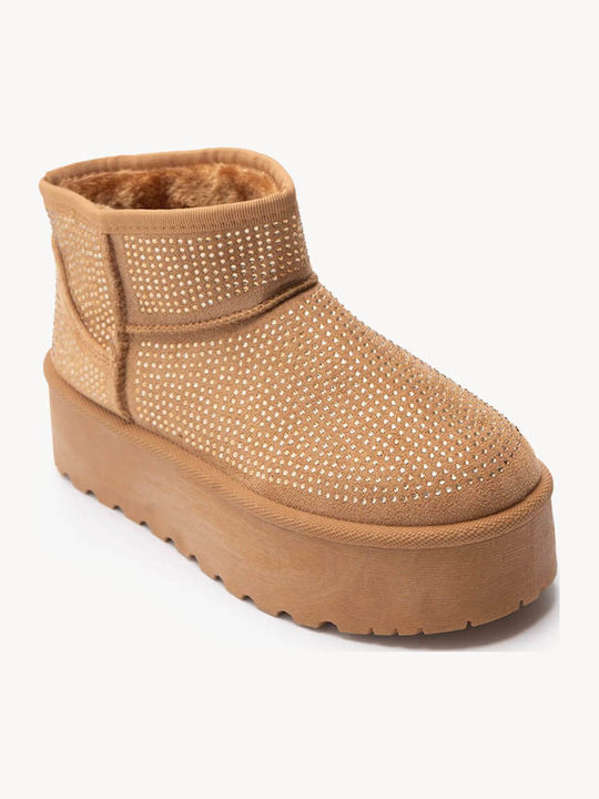 Tabac Braun Damen Stiefeletten mit Pelz Dekorative Strass